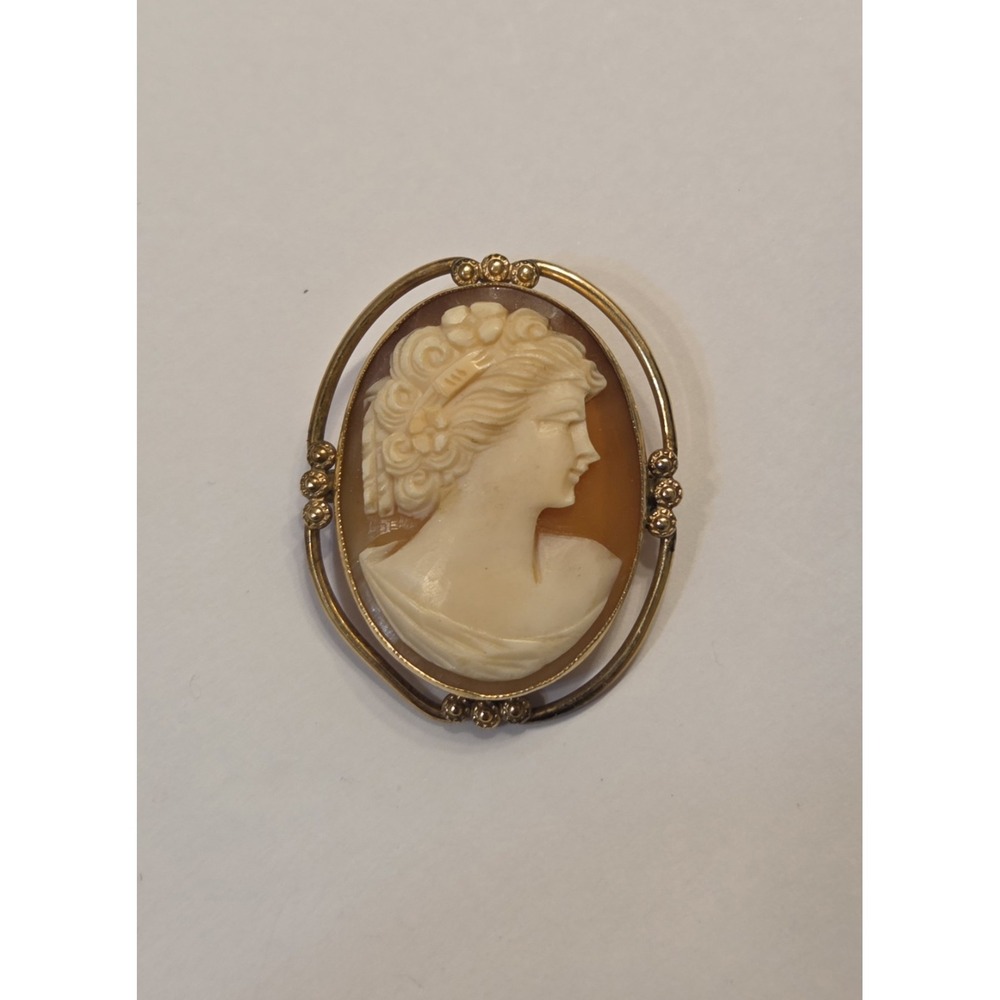 Vintage 14k GF Hand-carved Shell Cameo Brooch Pendant AMCO